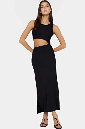 Kadın Maxi Elbise Bodycon Bisiklet Yaka Cut Out Detay Örme Kumaş Seçkin Malzeme