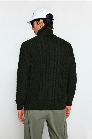 Erkek Balıkçı Yaka Saç Örgü Desenli Kalın Triko Fitted Kalıp Standart Kol Günlük Kazak Kaliteli