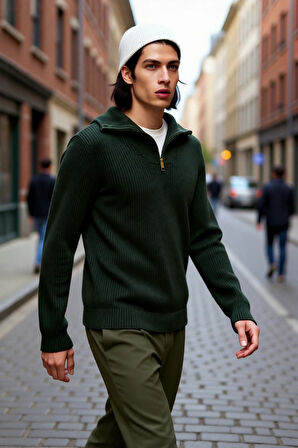 Erkek Casual Giyim İçin İdeal Regular Fit Düz Desen Fermuarlı Balıkçı Yaka Kalın Triko Kazak