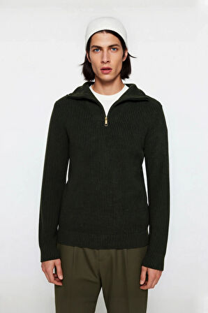 Erkek Casual Giyim İçin İdeal Regular Fit Düz Desen Fermuarlı Balıkçı Yaka Kalın Triko Kazak