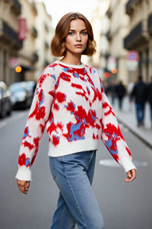 Kadın Basic Bisiklet Yaka Oversize Kalıp Batik Desenli Triko Kazak Kışlık Konfor Sunar Kaliteli