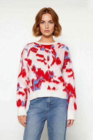 Kadın Basic Bisiklet Yaka Oversize Kalıp Batik Desenli Triko Kazak Kışlık Konfor Sunar Kaliteli