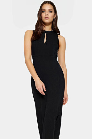 Cut Out Detaylı Scuba Krep Elbise Choker Yaka Midi Boy Özenle Seçilmiş Dayanıklı Malzeme Uzun Ömürlü