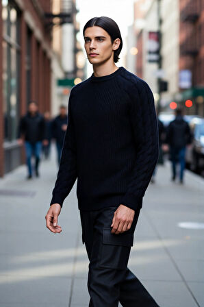 Unisex Basic Regular Kalıp Bisiklet Yaka Saç Örgü Desenli Kalın Triko Kazak Kışlık Şıklık Kaliteli