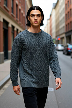 Erkek Basic Oversize Kalın Saç Örgülü Bisiklet Yaka Kazak Rahat Ve Stil Sahibi Kombinler Kaliteli