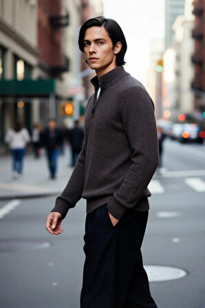 Erkek Gri Kalın Triko Düğmeli Dik Yaka Kazak Casual Ortamlar İçin Konforlu ve Şık Tasarım Kaliteli