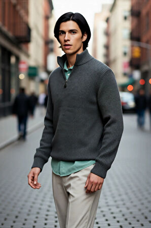 Erkek Basic Regular Fit Fermuarlı Dik Yaka Selanik Örgü Triko Kazak Günlük Stilinize Modern Dokunuş.