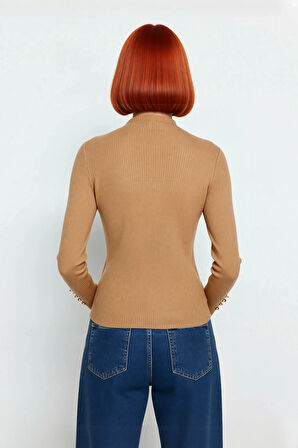 Kadın Modern Fitted Kalıp Dik Yaka Uzun Kollu Fitilli Triko Kazak Şık ve Rahat Kombinler Kaliteli