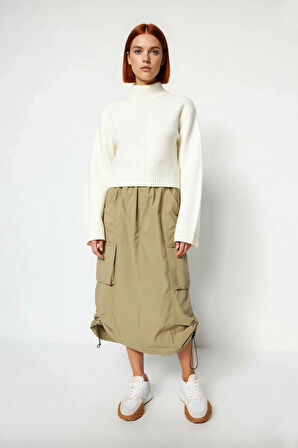 Kadın Basic Akrilik Triko Kazak Regular Kalıp Dik Yaka Crop Boy Balon Kol Soğuk Havalar İçin Rahat