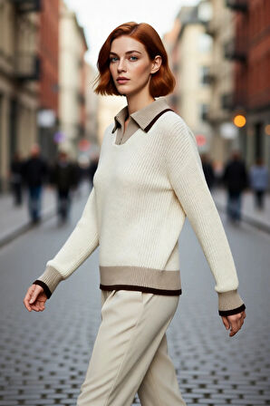 Kadınlar İçin Konforlu Ve Modern Regular Kalıp Dik Yaka Fermuarlı Renk Bloklu Triko Kazak Kışlık