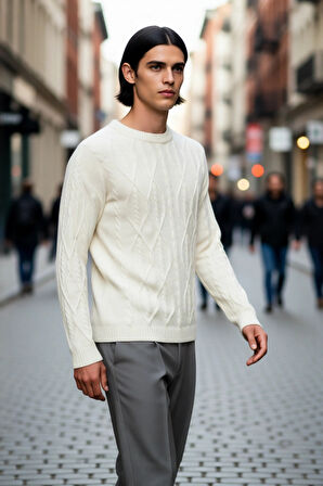 Unisex Oversize Rahat Kesim Saç Örgü Desenli Bisiklet Yaka Uzun Kol Triko Kazak Kış İçin İdeal