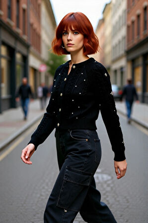 Kadın Regular Kalıp Çift Yüzlü Akrilik Triko Hırka Saç Örgü Desenli Kışlık Giyim Tarzı Kaliteli