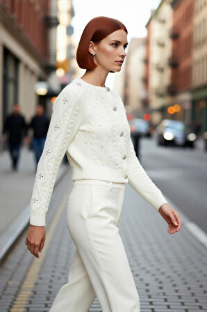 Kadın Regular Kalıp Çift Yüzlü Akrilik Triko Hırka Saç Örgü Desenli Kışlık Giyim Tarzı Kaliteli