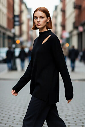 Kadın Basic Oversize Bisiklet Yaka Cut Out Triko Kazak Akrilik Fitilli Uzun Boy Kışlık Rahatlık