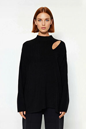 Kadın Basic Oversize Bisiklet Yaka Cut Out Triko Kazak Akrilik Fitilli Uzun Boy Kışlık Rahatlık