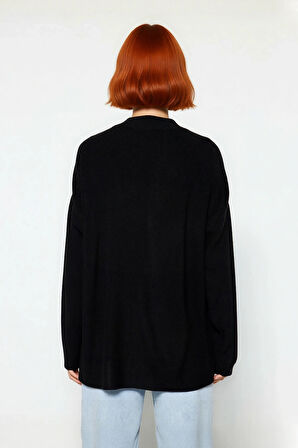 Kadın Basic Oversize Bisiklet Yaka Cut Out Triko Kazak Akrilik Fitilli Uzun Boy Kışlık Rahatlık