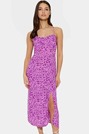 Viskoz Dokuma Çiçekli A Kesim Midi Elbise Profesyonel Görünüm Konforlu Şık