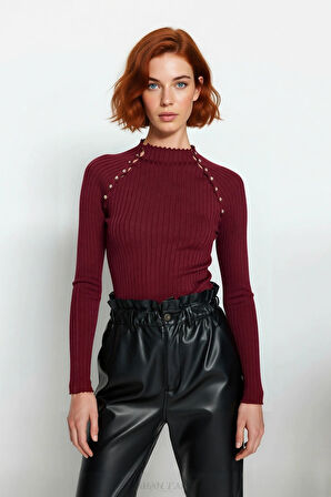 Kadın Zarif Fitted Kesim Dik Yaka Cut Out Detaylı Uzun Kollu Triko Kazak Bahar Trendi Kaliteli