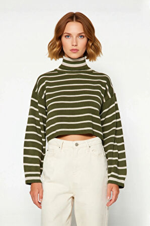 Kadın Balıkçı Yaka Haki Çizgili Crop Triko Kazak Orta Kalınlıkta Uzun Düşük Kol Basic Stil