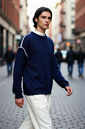 Erkek Bisiklet Yaka Oversize Akrilik Triko Kazak Biye Detaylı Uzun Kollu Kışlık Giyim Kaliteli