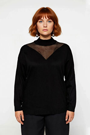 Kadın İnce Dik Yaka Uzun Kollu Triko Kazak Tül Detaylı Düz Desen Şık ve Özel Anlar İçin Harika