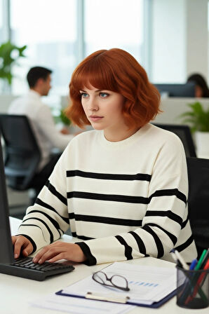 Kadın Casual Ortamlar İçin İdeal Uzun Kollu Orta Kalınlıkta Çizgili Bisiklet Yaka Triko Kazak