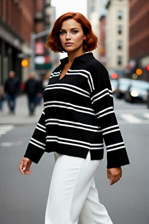 Kadın Triko Çizgili Polo Yaka Kazak Relaxed Kesimiyle Konforlu Ve Şık Bir Kış Kombini Yaratır