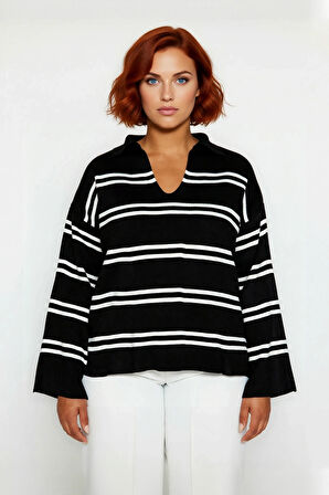 Kadın Triko Çizgili Polo Yaka Kazak Relaxed Kesimiyle Konforlu Ve Şık Bir Kış Kombini Yaratır