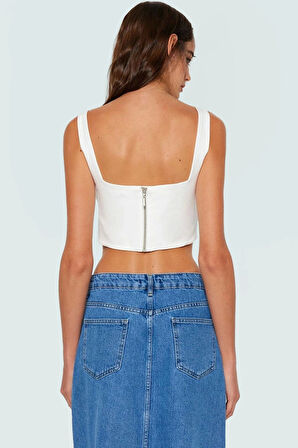 Kolsuz Crop Bluz Kare Yaka Polyester Dokuma Fitted Basic Rahat Kullanım Günlük İçin