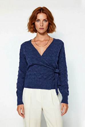 Kadın Triko Kazak Kruvaze Yaka Regular Kesim Ajurlu Dokuma Kışlık Şık Ve Konforlu Günlük Stil