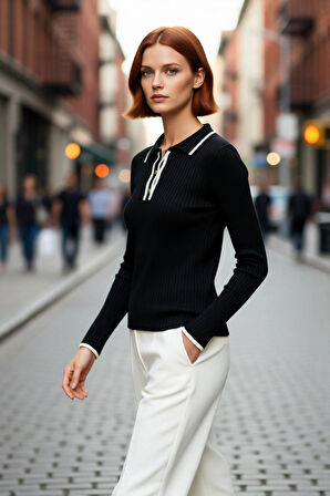 Kadın İnce Triko Polo Yaka Fitted Kazak Renk Bloklu Tasarımıyla Her Mevsim Şıklık Sunan Kaliteli