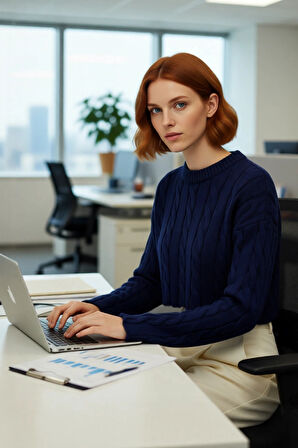 Kadın Basic Ekru Regular Fit Süper Crop Saç Örgü Bisiklet Yaka Uzun Kollu Akrilik Triko Kazak