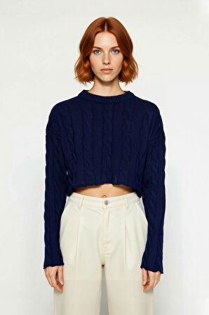 Kadın Basic Ekru Regular Fit Süper Crop Saç Örgü Bisiklet Yaka Uzun Kollu Akrilik Triko Kazak