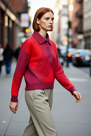 Kadınlar İçin Modern Baklava Desenli Oversize Polo Yaka Triko Kazak Günlük Konforlu Stil Kaliteli