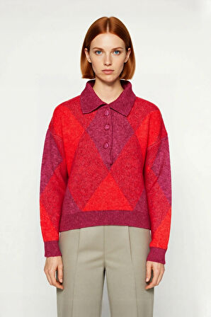 Kadınlar İçin Modern Baklava Desenli Oversize Polo Yaka Triko Kazak Günlük Konforlu Stil Kaliteli