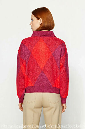 Kadınlar İçin Modern Baklava Desenli Oversize Polo Yaka Triko Kazak Günlük Konforlu Stil Kaliteli