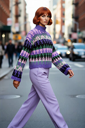 Kadın Oversize Kesim Etnik Desenli Uzun Kollu Crop Triko Kazak Soğuk Günler İçin İdeal Kaliteli