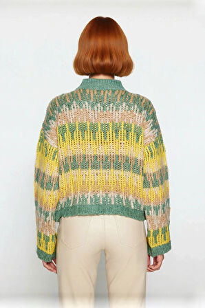 Kadın Oversize Kesim Etnik Desenli Uzun Kollu Crop Triko Kazak Soğuk Günler İçin İdeal Kaliteli