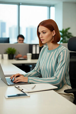 Kadın Günlük Akrilik Basic Siluet Bisiklet Yaka Uzun Kollu Crop Kesim Zebra Desenli Triko Kazak