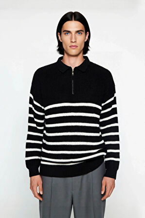 Erkek Polo Yaka Oversize Kalıp Triko Çizgili Kazak Lacivert Renk Kalın Selanik Dokuma Kışlık Giysi