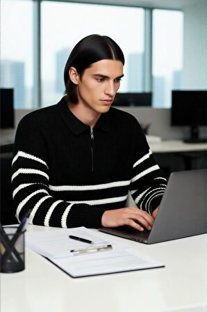 Erkek Polo Yaka Oversize Kalıp Triko Çizgili Kazak Lacivert Renk Kalın Selanik Dokuma Kışlık Giysi