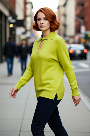 Kadınlar İçin Modern Akrilik Triko Kazak Polo Yaka Detaylı Rahat Ve Şık Günlük Giyim Kaliteli