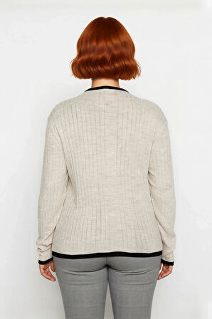 Kadın Basic Siluet İnce Akrilik Dokuma Fitilli Dik Yaka Triko Kazak Standart Uzun Kollu Model