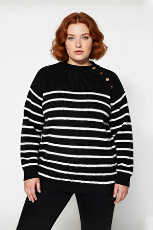 Kadın Rahat Siyah Çizgili Gold Düğme Detaylı Bisiklet Yaka Şardon Akrilik Triko Kazak Kışlık