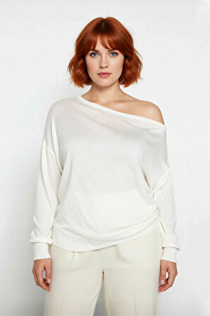 Kadın Basic Siluet Standart Kol Carmen Yaka Triko Kazak Günlük Kombinler İçin Çok Yönlü Kaliteli