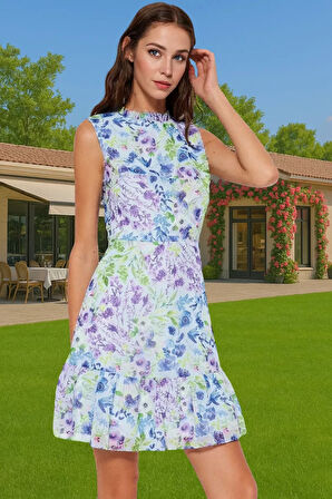 Yazlık Astarlı Mini Elbise Polyester Çiçekli Dokuma A Kesim Kaliteli İşçilik Mükemmel Uyum