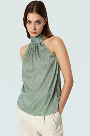 İş ve Günlük Kullanım İçin Polyester Örme Pilise Bluz Halter Yaka Profesyonel Görünüm