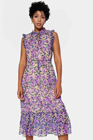 Yazlık Midi Elbise  Polyester Şifon Çiçek Desen A Kesim Premium Kalite Rahat Ve Şık