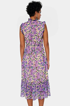 Yazlık Midi Elbise  Polyester Şifon Çiçek Desen A Kesim Premium Kalite Rahat Ve Şık