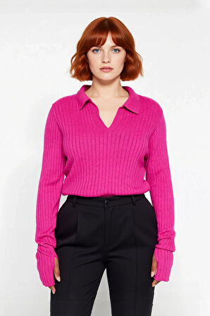 Kadınlara Özel Şık Polo Yaka Fitilli Akrilik Uzun Kol Triko Kazak Soğuklara Meydan Okuyor Kaliteli